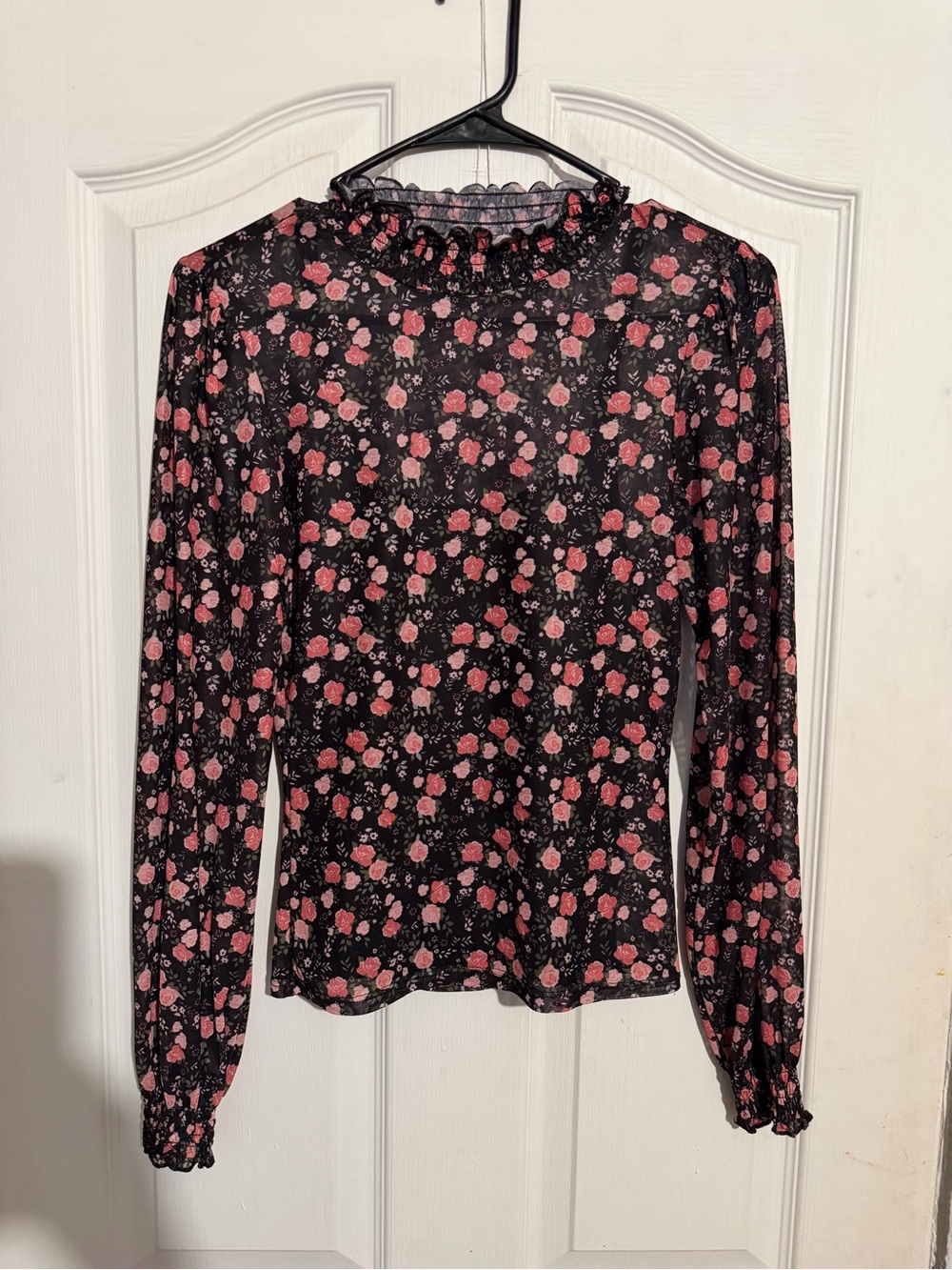 Almost Famous Black Long-Sleeve Mock Neck Top with Pink Floral Print